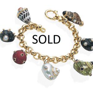 14k Yellow Gold MAZ Amethyst Citrine Pearl Coral Onyx Sea Shell 7-charm bracelet